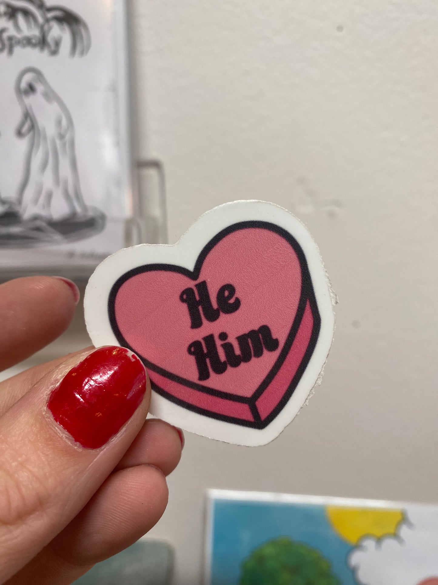 He/Him vinyl heart sticker