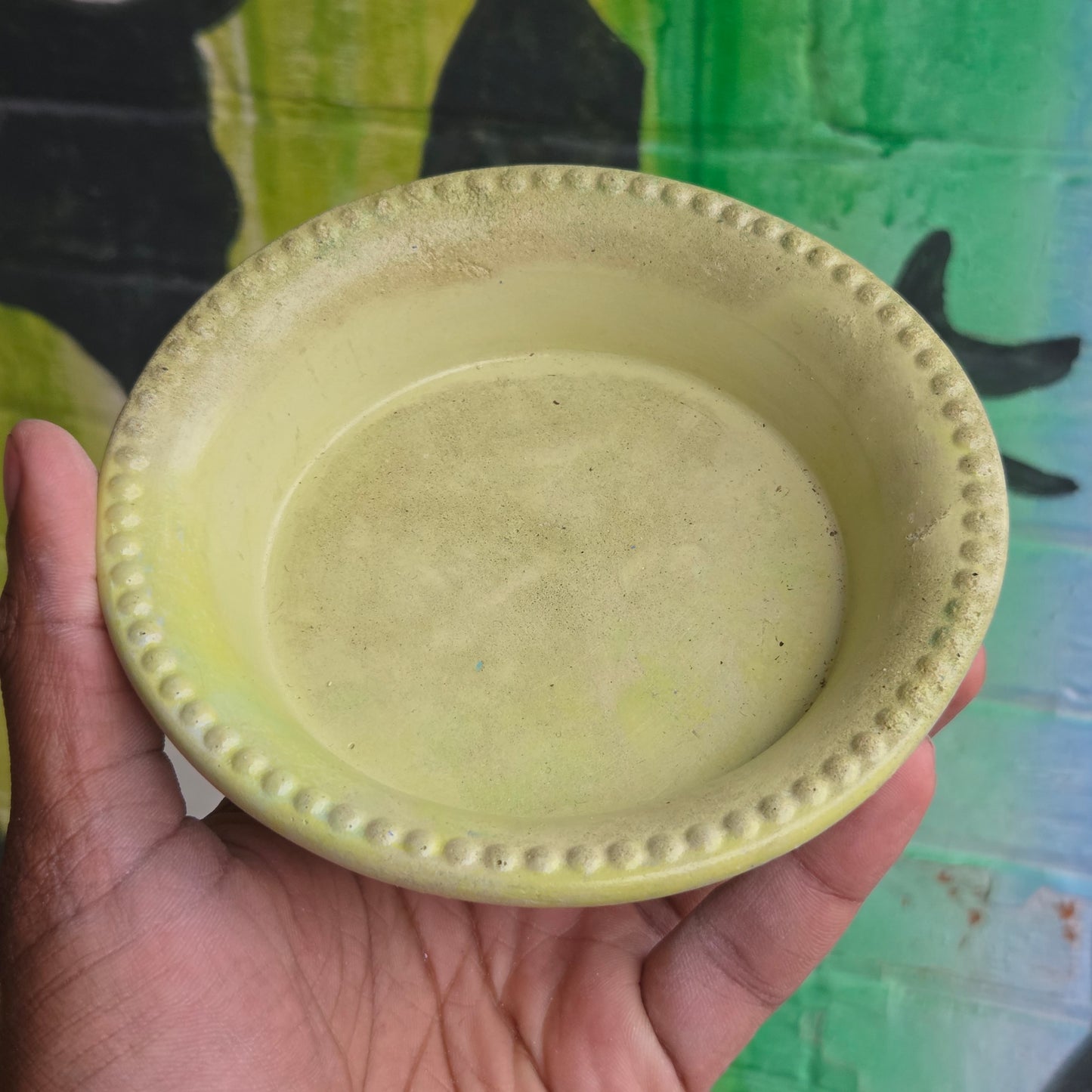 5" Concrete Tapered Pot w/Tray Mixed Yellow/Green