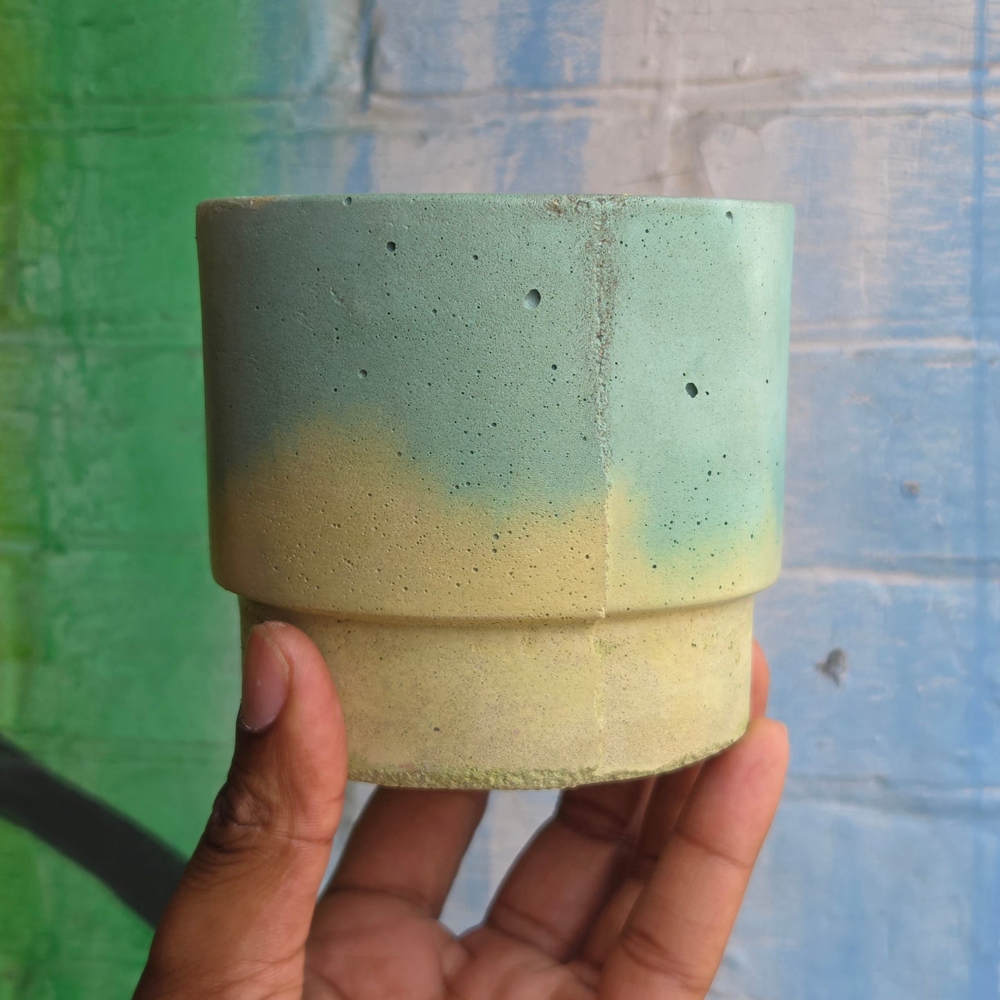 3.5” Simple Concrete pot Teal/Yellow