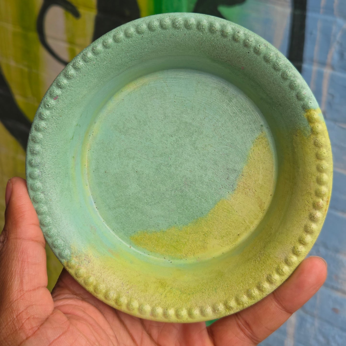 5" Concrete Tapered Pot w/Tray Turquoise/Yellow