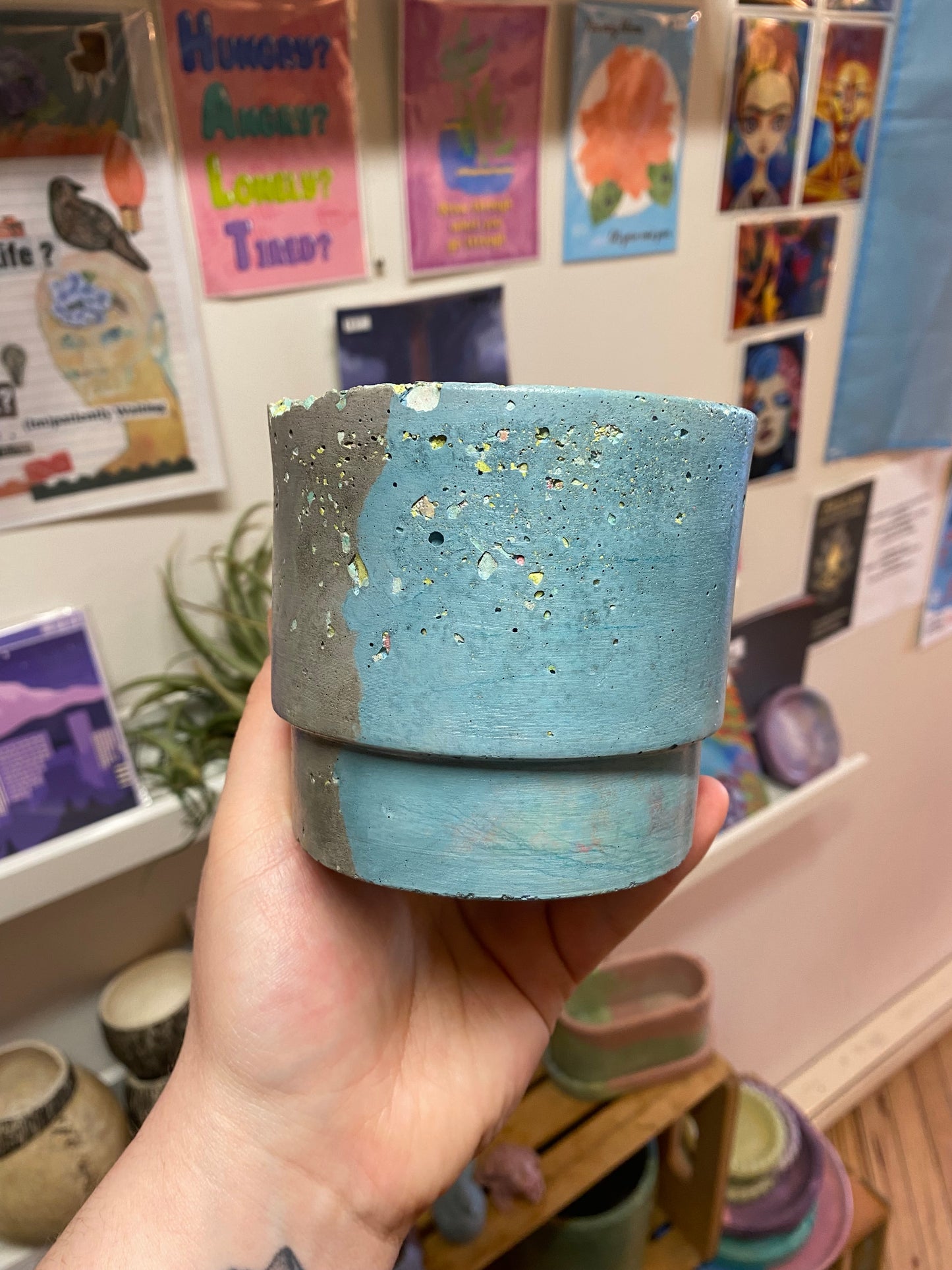 3.5" Concrete Simple Pot Grey/Blue with confetti