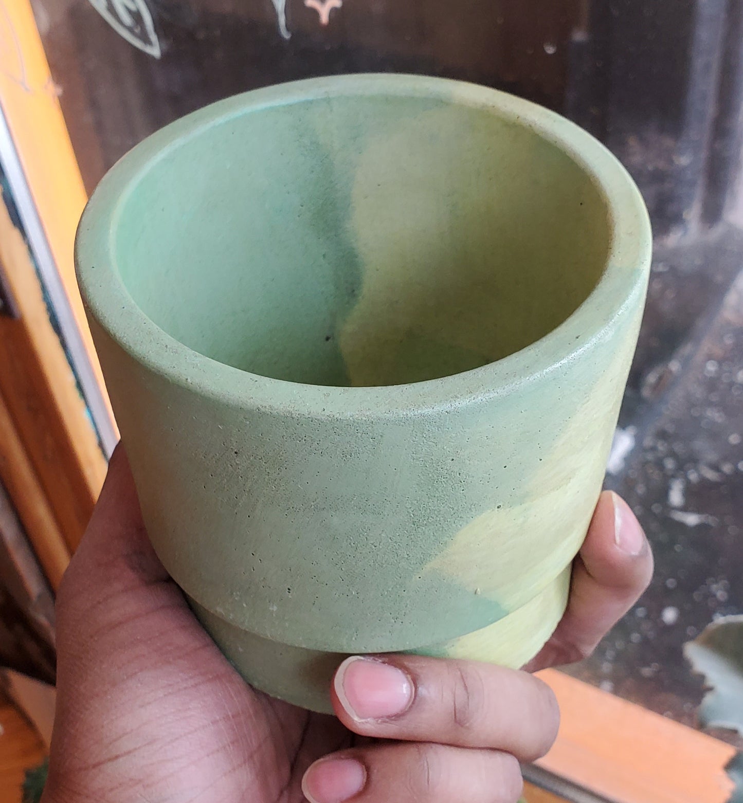 3.5" Concrete Simple Pot Green/Yellow