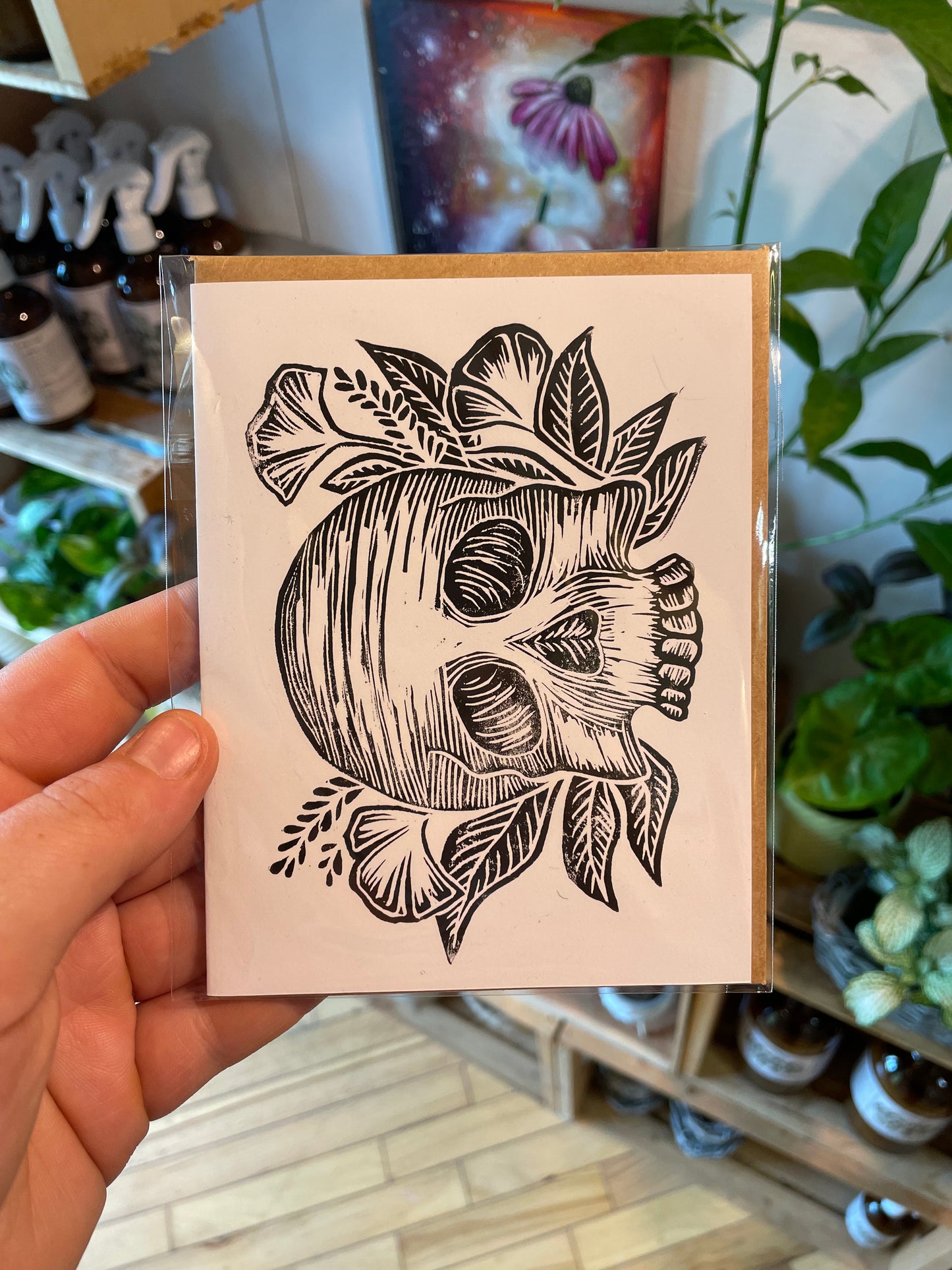 Floral Skull Lino-Cut Card