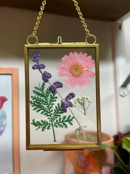 Pressed Flower Wall Hanging | Pink Daisy and Fern