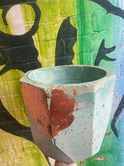 7” Concrete planter / Blue + Rose gold