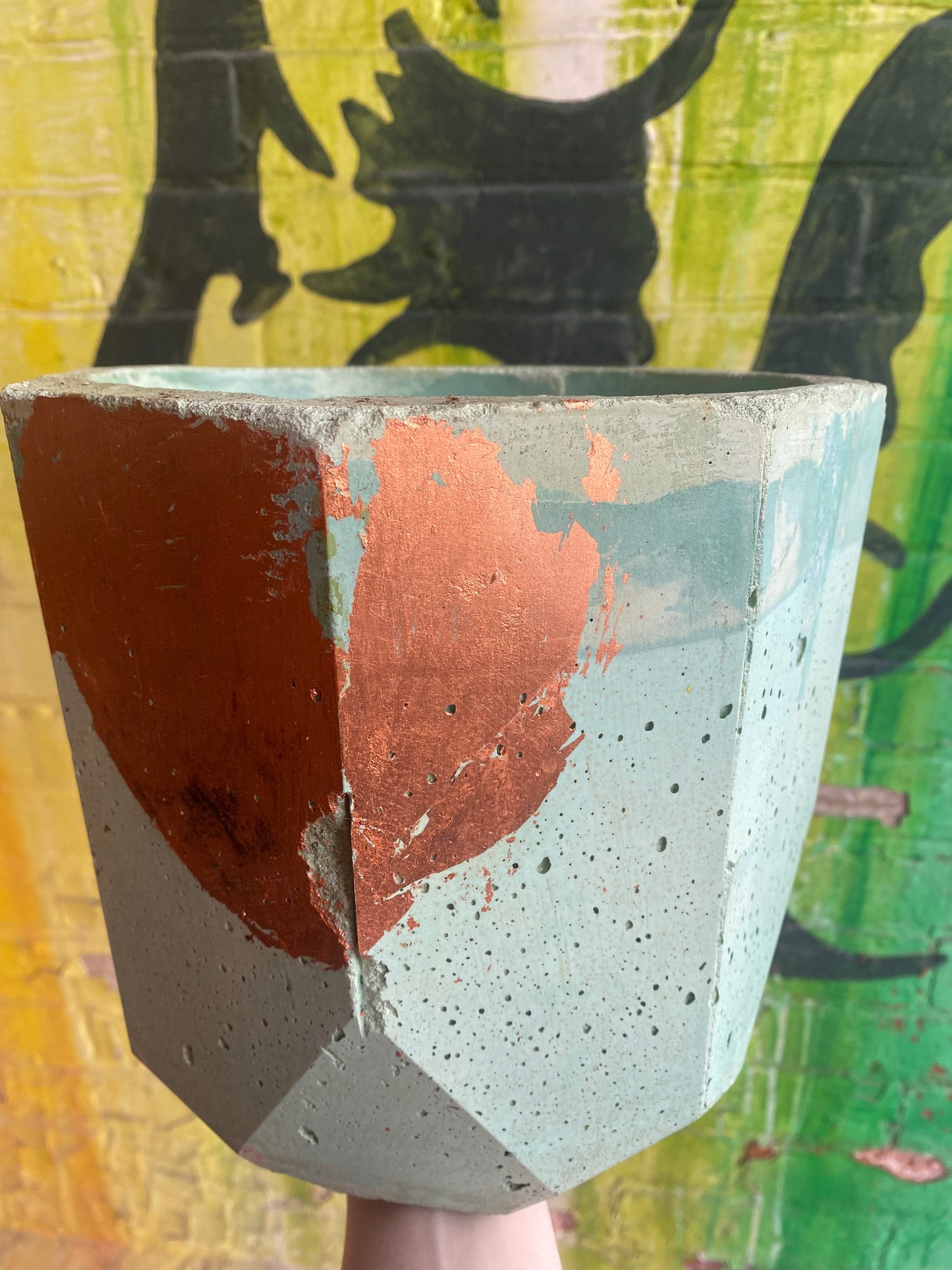 7” Concrete planter / Blue + Rose gold