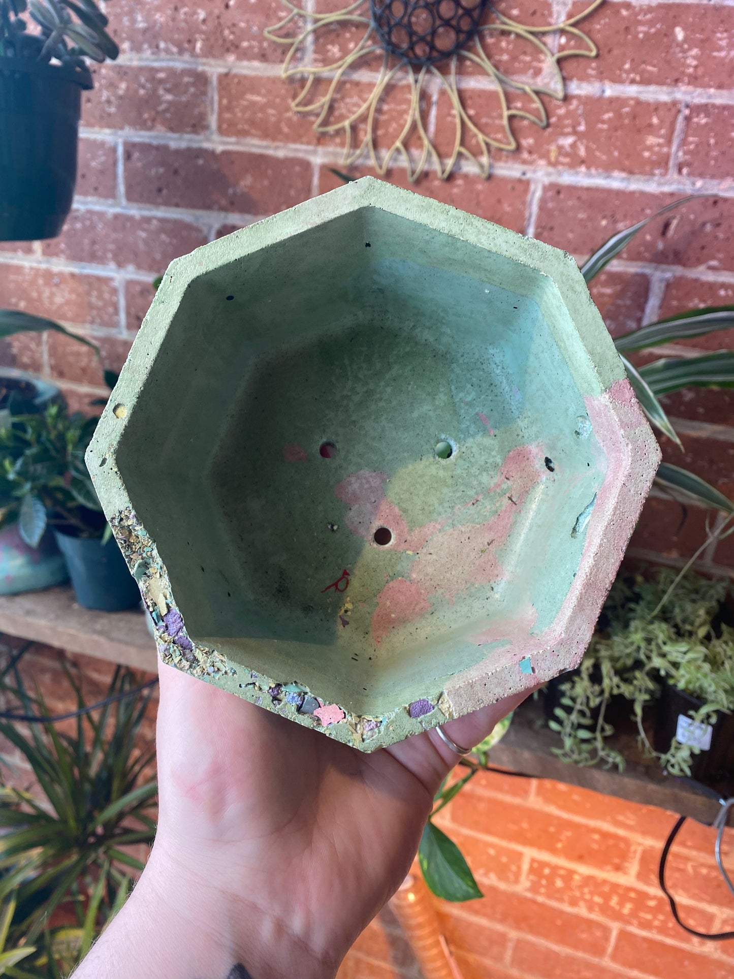 6” Octagon concrete planter / pink & green