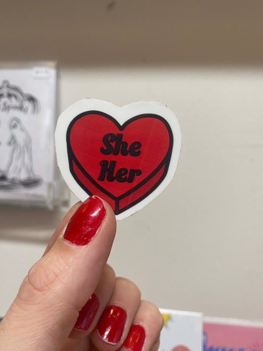 She/her vinyl heart sticker