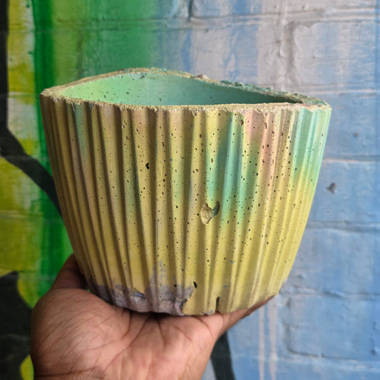 5" Ridged Concrete Pot (Short) Yellow/Teal