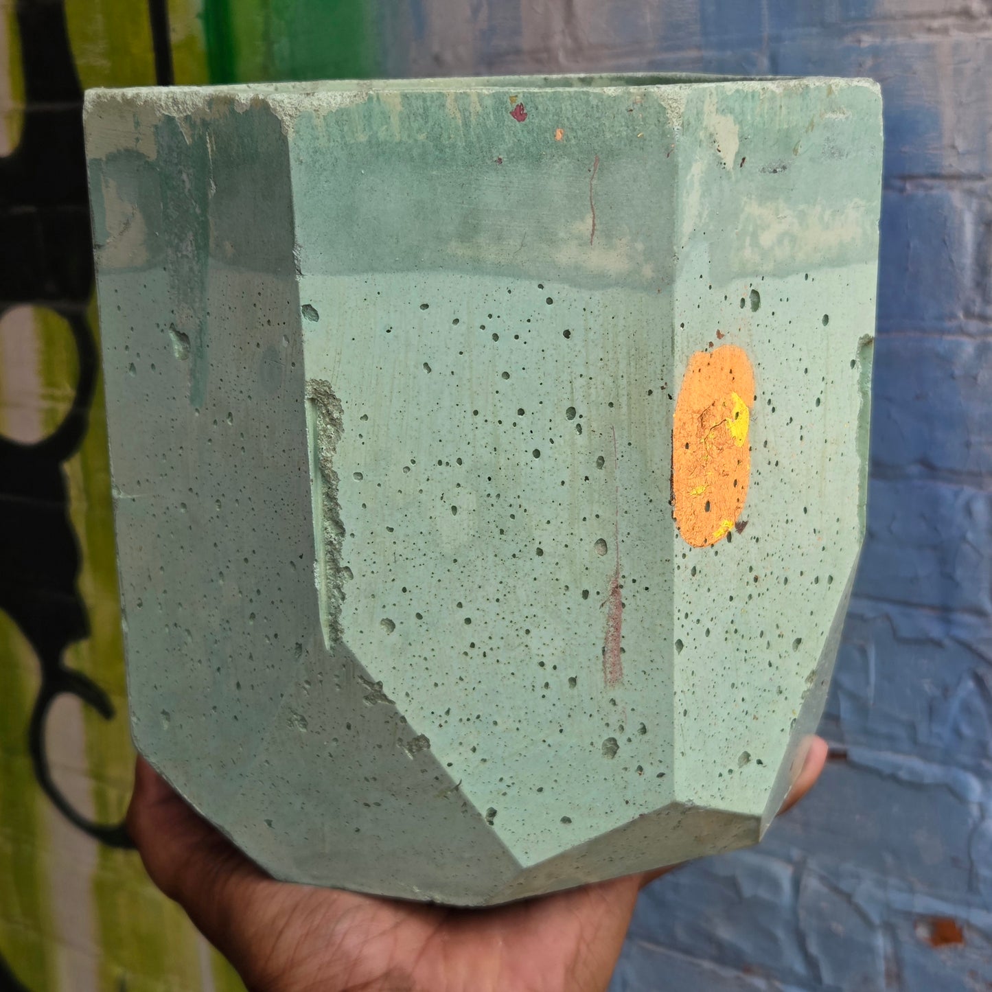7” Octaganal Concrete Planter Pale Green w/Metallic flecks