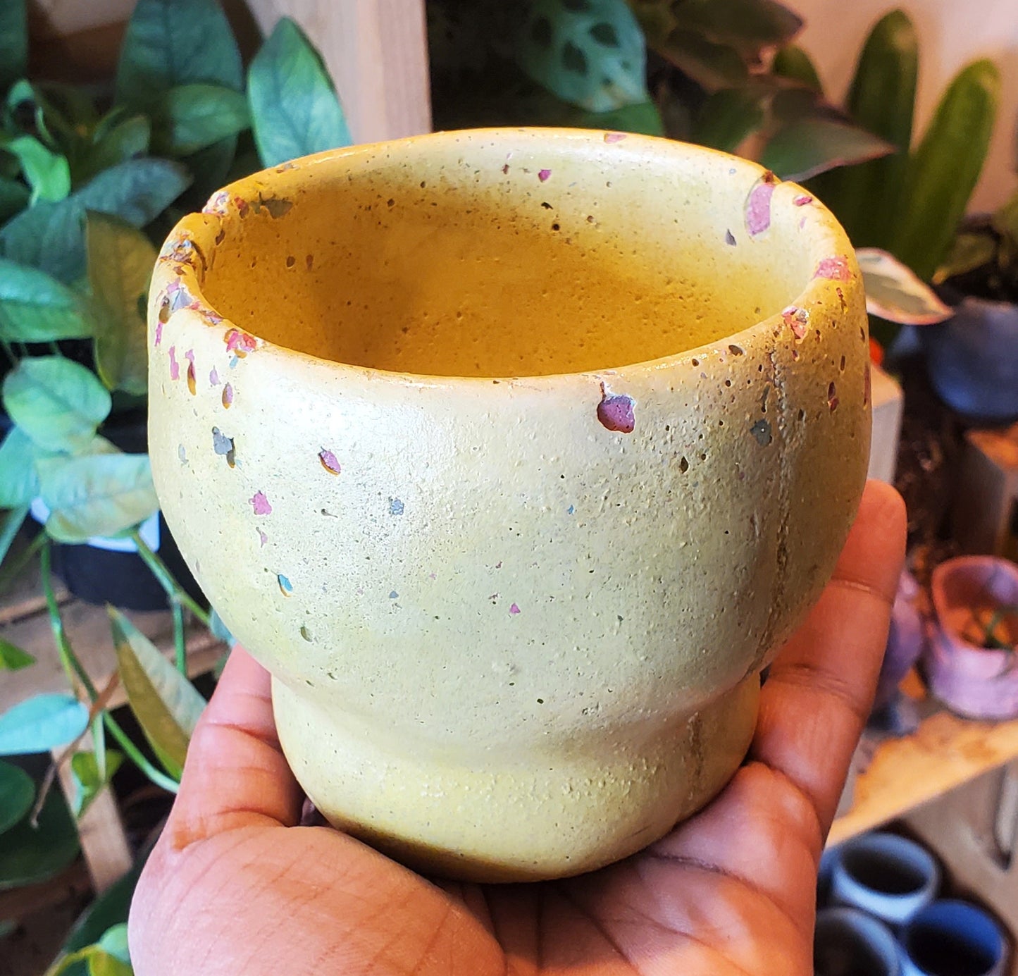 3.5" Concrete Tulip Pot Crackled Yellow