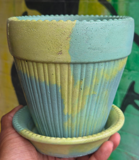 5" Concrete Tapered Pot w/Tray Turquoise/Yellow