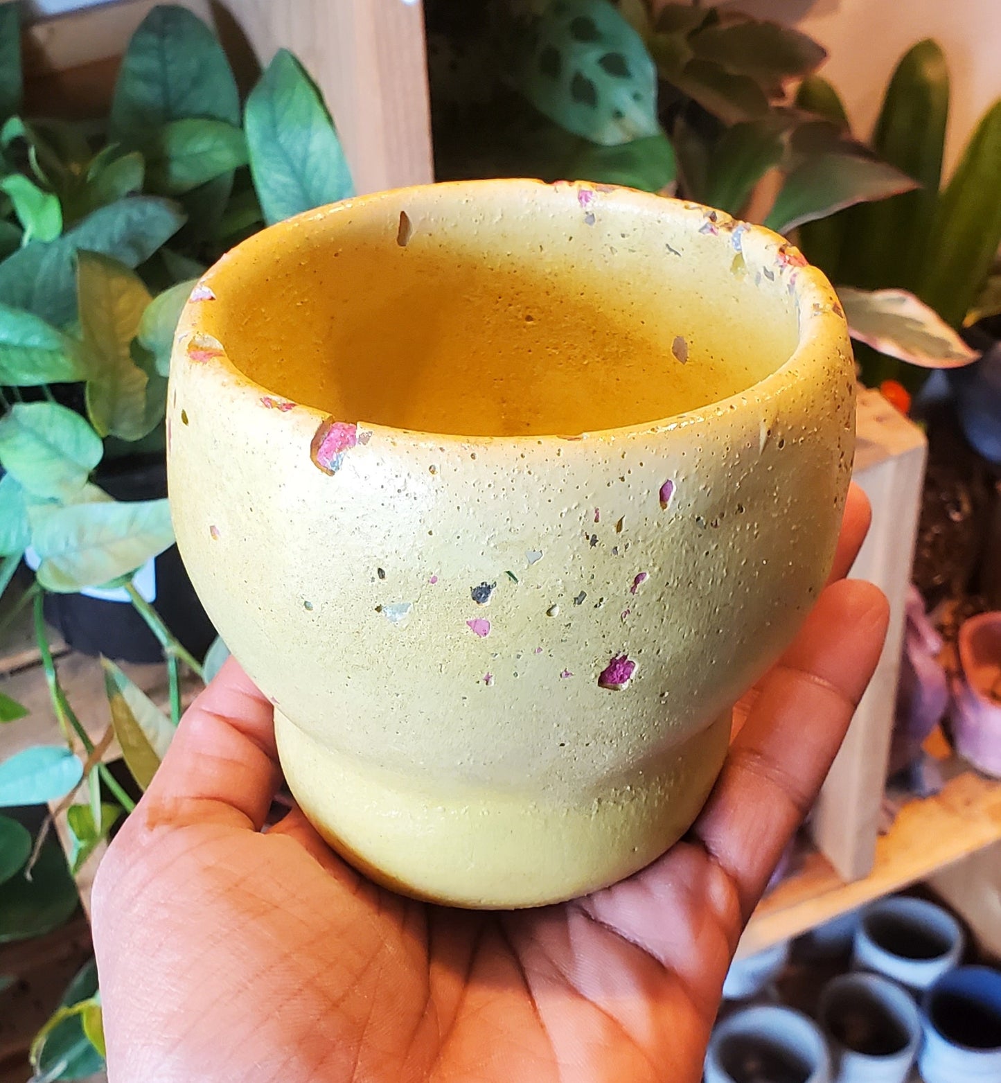 3.5" Concrete Tulip Pot Crackled Yellow