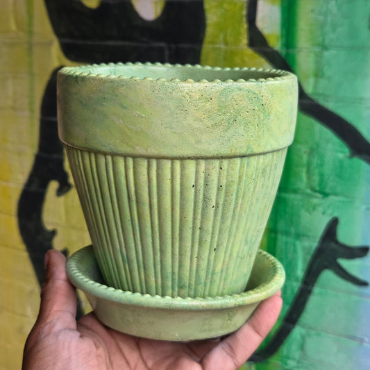 5" Concrete Tapered Pot w/Tray Mixed Green/Yellow