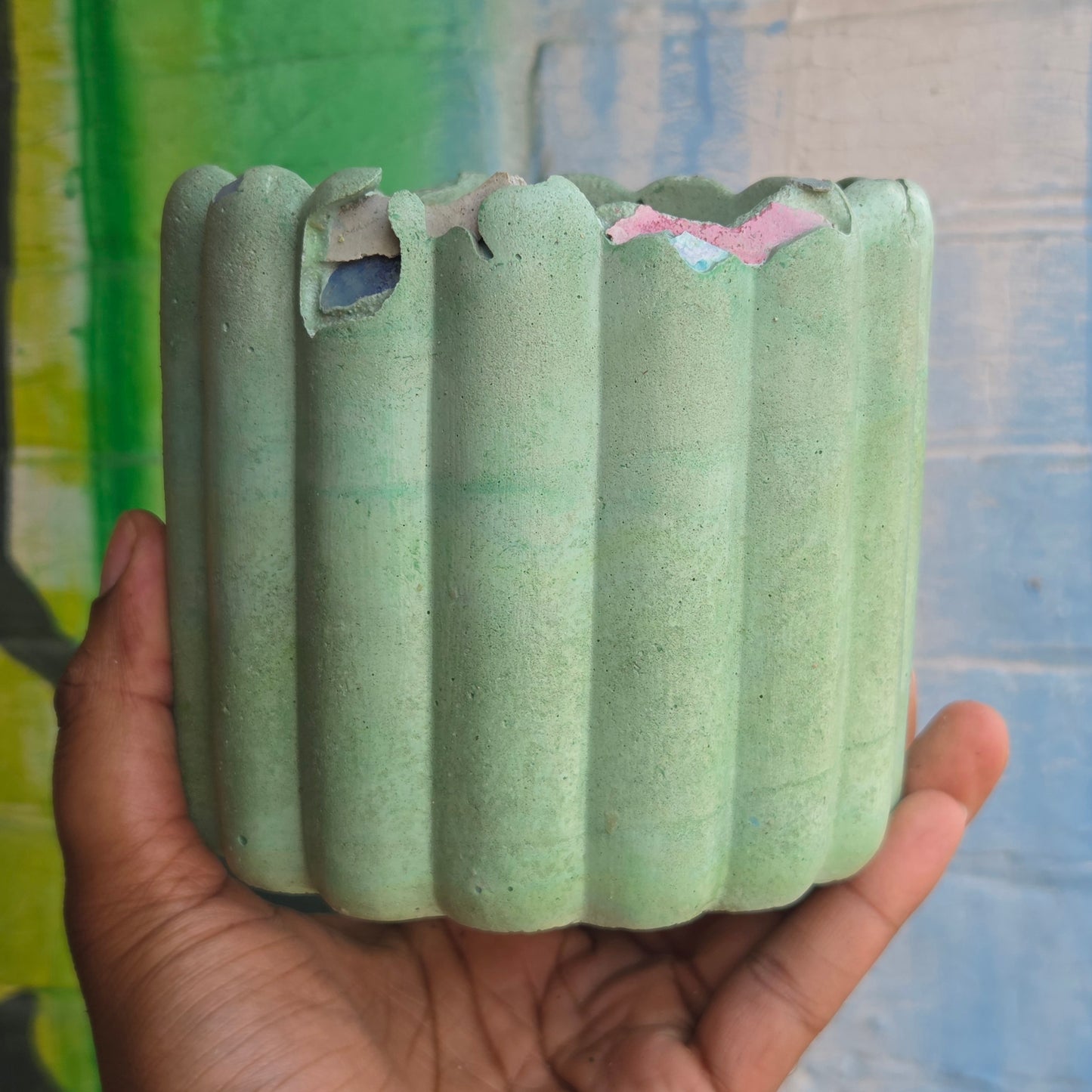 6” ‘Lady fingers' Concrete Pot Light Green w/ cracked rim