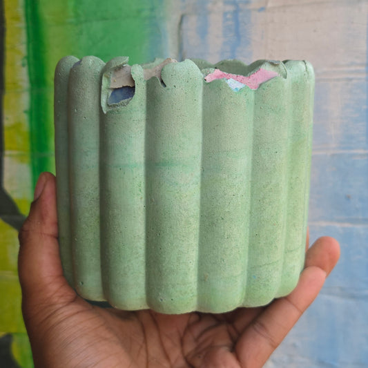 6” ‘Lady fingers' Concrete Pot Light Green w/ cracked rim
