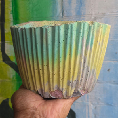 5" Ridged Concrete Pot (Short) Yellow/Teal