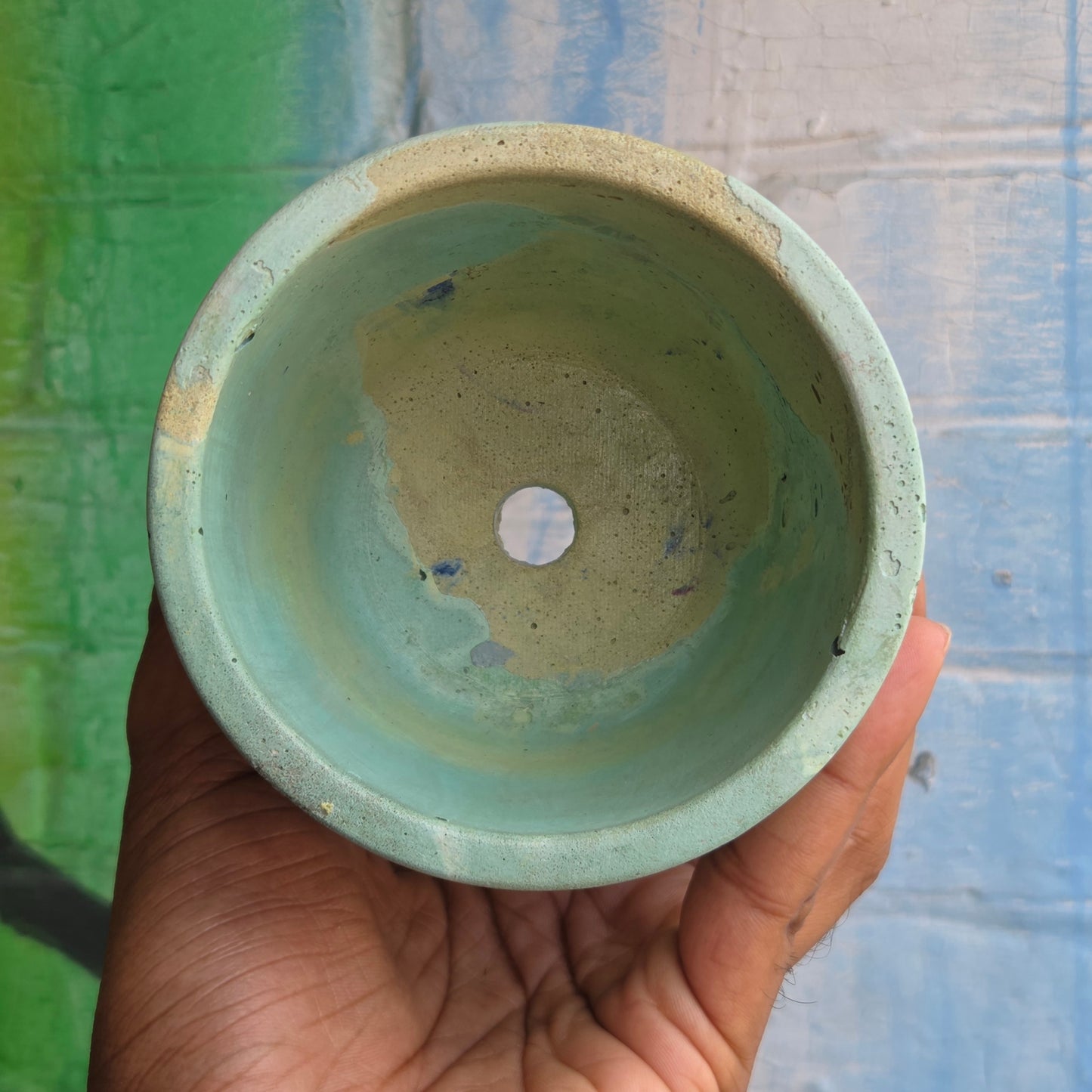 3.5” Simple Concrete pot Teal/Yellow