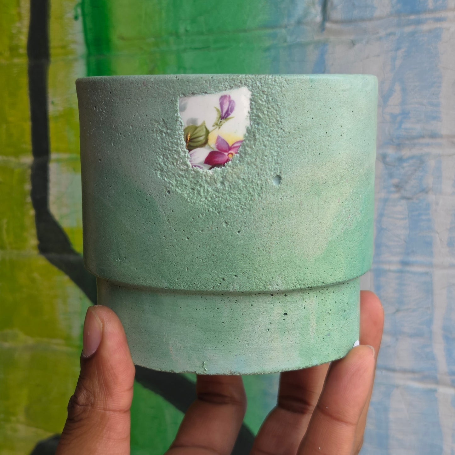 3.5” Simple Concrete pot Teal w/Ceramic