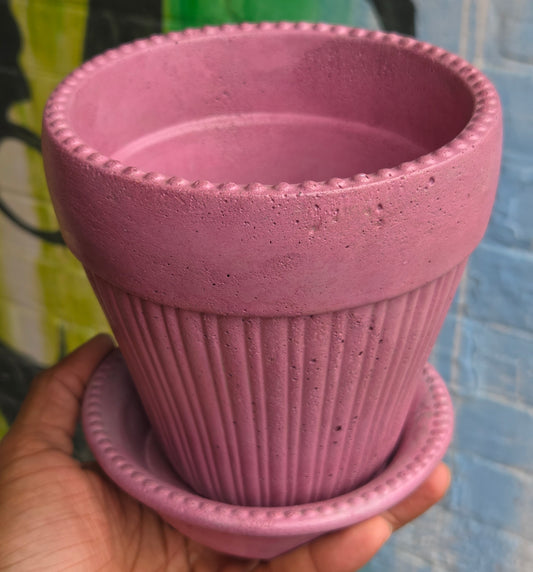 5" Concrete Tapered Pot w/Tray Pink